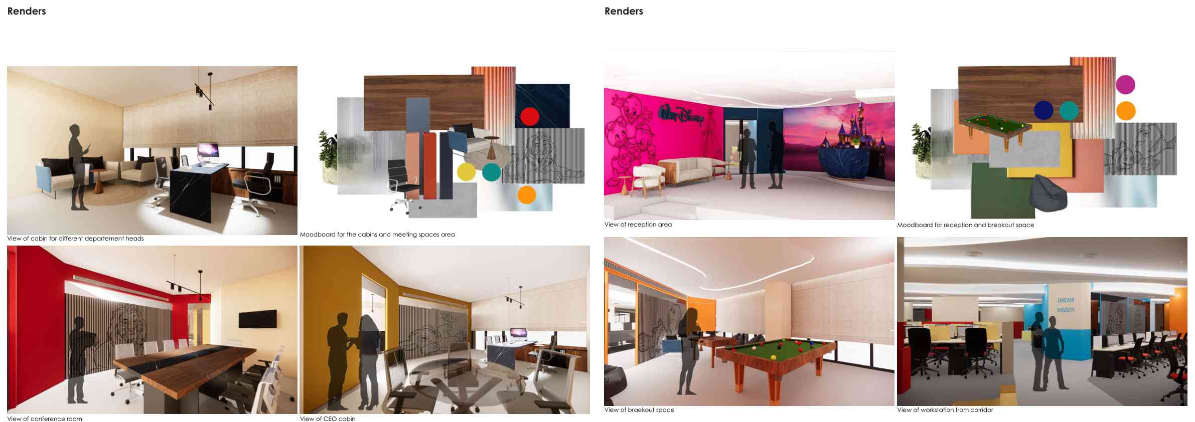 Rendered views of workstations, breakout and meeting spaces