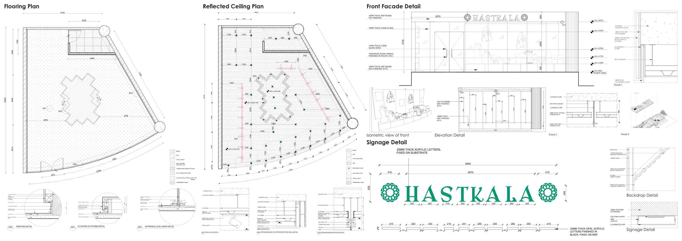 Flooring plan, reflected ceiling plan, facade detail and signage detail