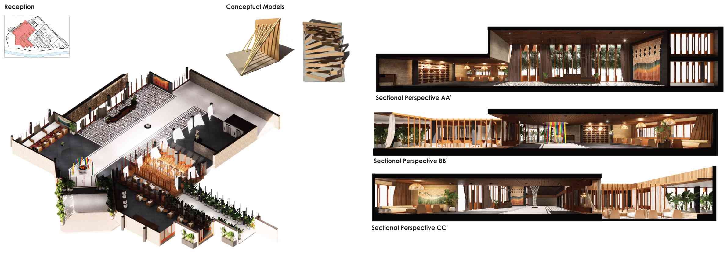 Reception — conceptual models and axonometric view