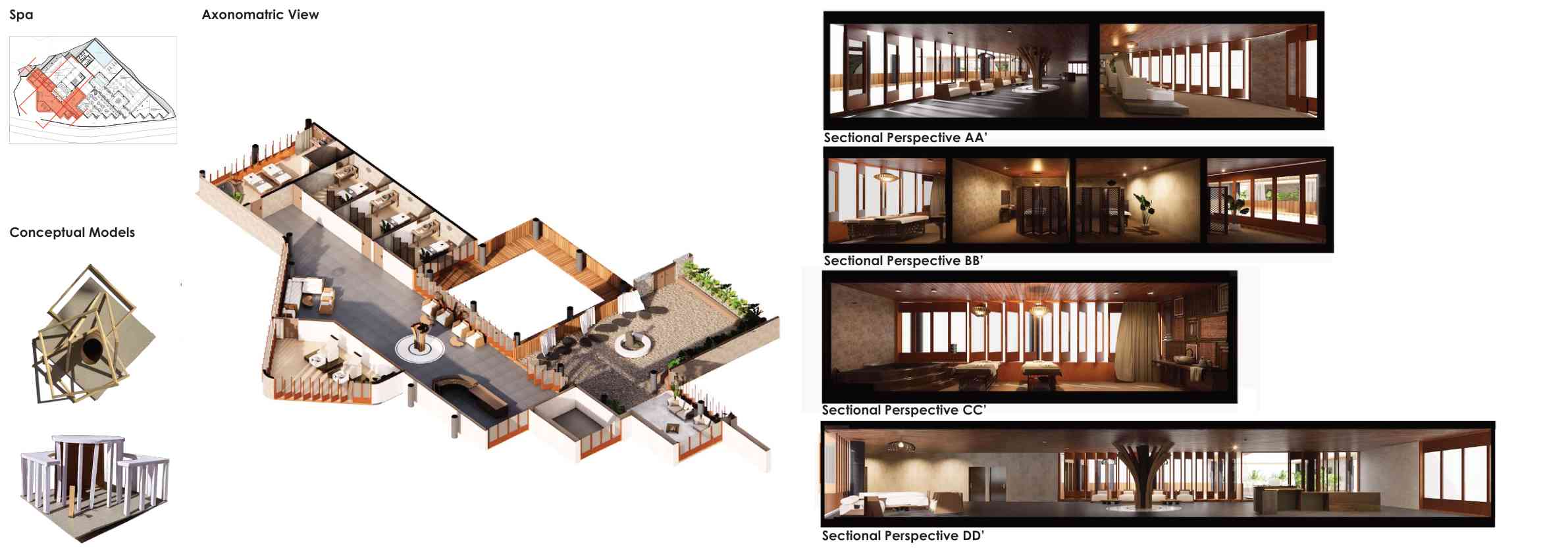 Spa — axonometric view and sectional perspectives