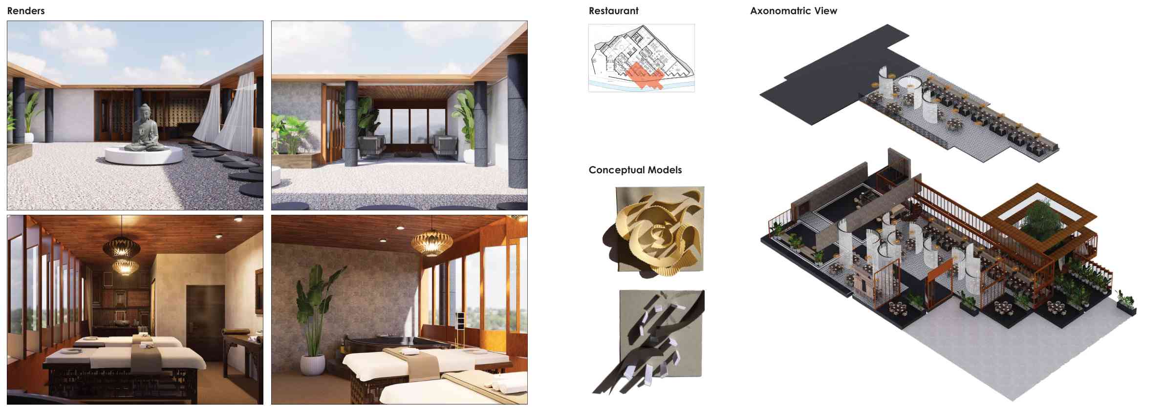 Restaurant and room renders with axonometric view