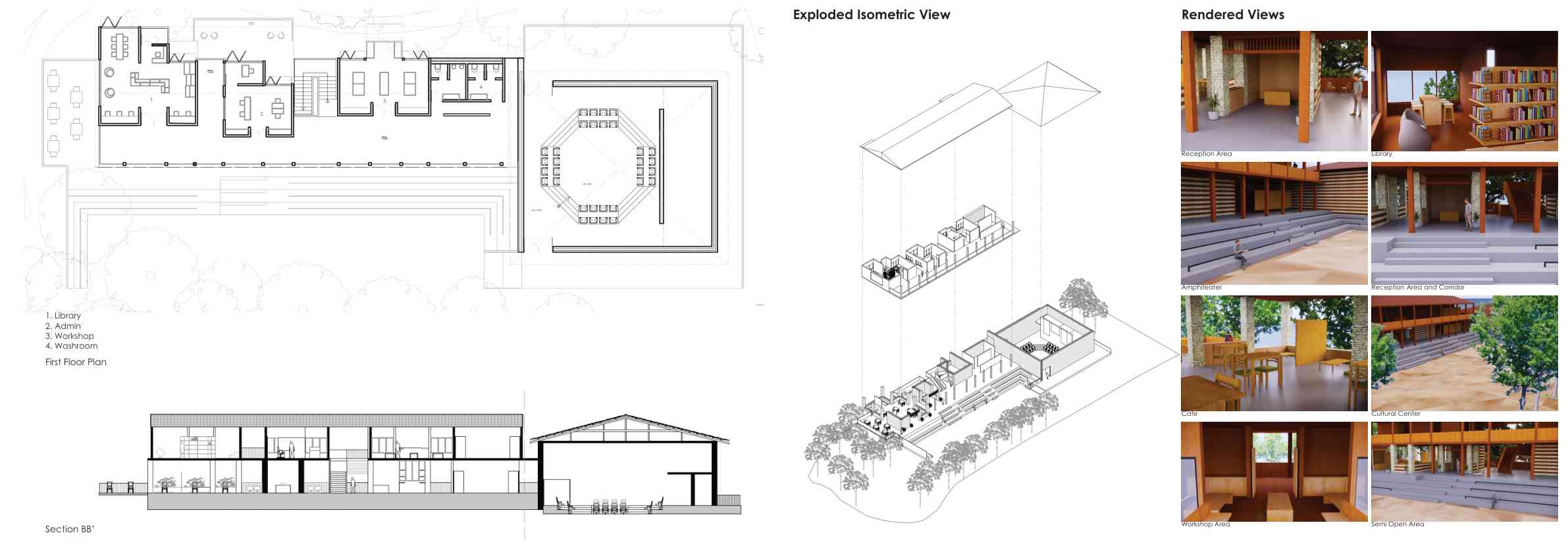 Plans, exploded isometric, sections and rendered views